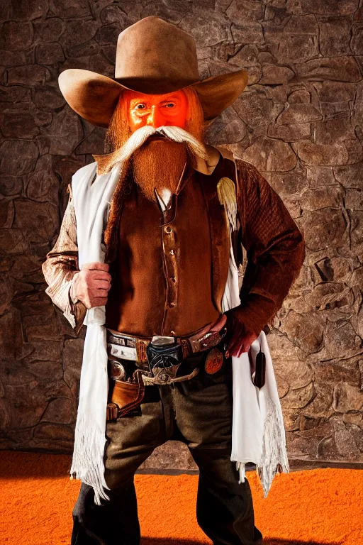 Image similar to hd photograph of cowboy sherrif resembling yosemite sam with huge hat, huge mustache, orange colors