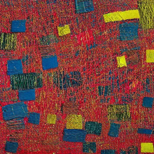 Image similar to an abstract painting of thread of love by el anatsui