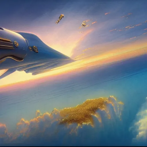 Image similar to beautiful matte painting of golden shores of a blue dreamy ocean, heavenly island in the clouds floating above the ocean, spaceship flying by, towering mountains emerging from the ocean, entrance to a city, sci - fi, daylight, blue sky, cinematic lighting, cinematic perspective, syd mead, john harris, federico pelat