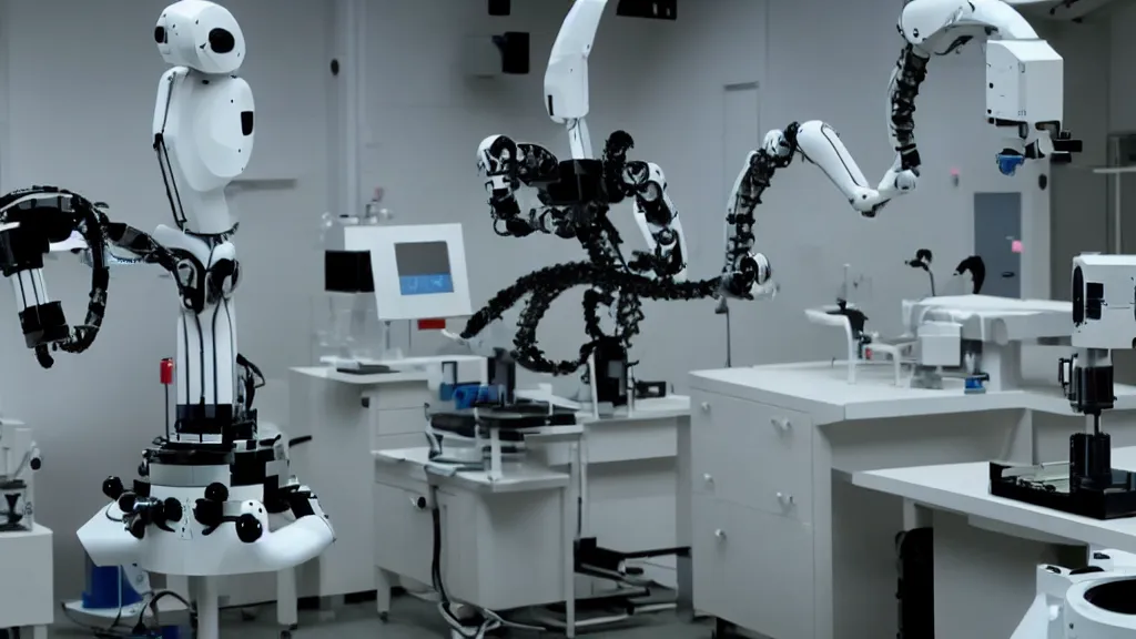 Image similar to a complex bifurcated robotic cnc surgical arm hybrid mri 3 d printer machine making black and white ceramic mutant forms in the laboratory inspection room, film still from the movie directed by denis villeneuve with art direction by salvador dali, wide lens