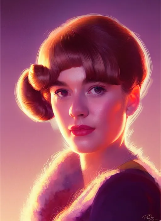 Prompt: portrait of betty cooper with fluffy bangs, bangs, 1 9 6 0 s, ponytail, curly bangs and ponytail, rounder face, intricate, elegant, glowing lights, highly detailed, digital painting, artstation, concept art, smooth, sharp focus, illustration, art by wlop, mars ravelo and greg rutkowski