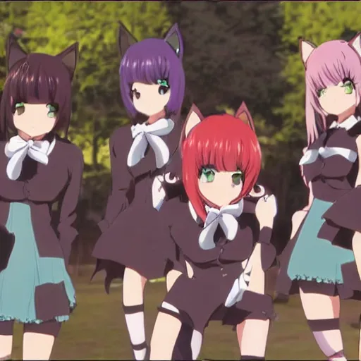 Prompt: “group of catgirls playing together, anime film still. Rise Of The Catgirls(2020)”