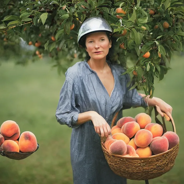 Image similar to a closeup portrait of a woman wearing a helmet made of plastic and mylar, picking peaches from a tree in an orchard, foggy, moody, photograph, by vincent desiderio, canon eos c 3 0 0, ƒ 1. 8, 3 5 mm, 8 k, medium - format print