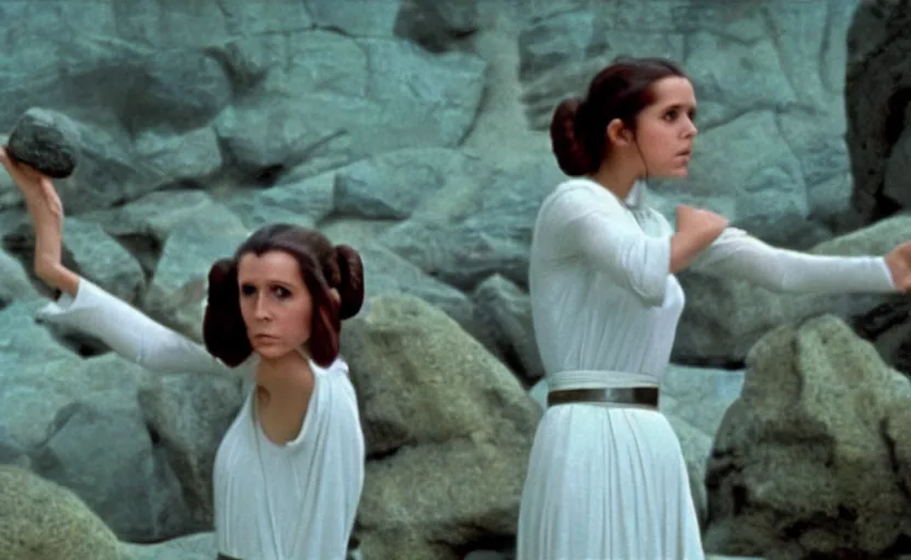 Prompt: portrait shot of Princess Leia lifting floating rocks outside a Jedi Temple scene from The Lost Jedi, 1970s film by Stanley Kubrick, serene, iconic scene, perfect shot of Carrie Fischer, stunning cinematography, hyper-detailed, sharp, anamorphic lenses, kodak color film, 4k