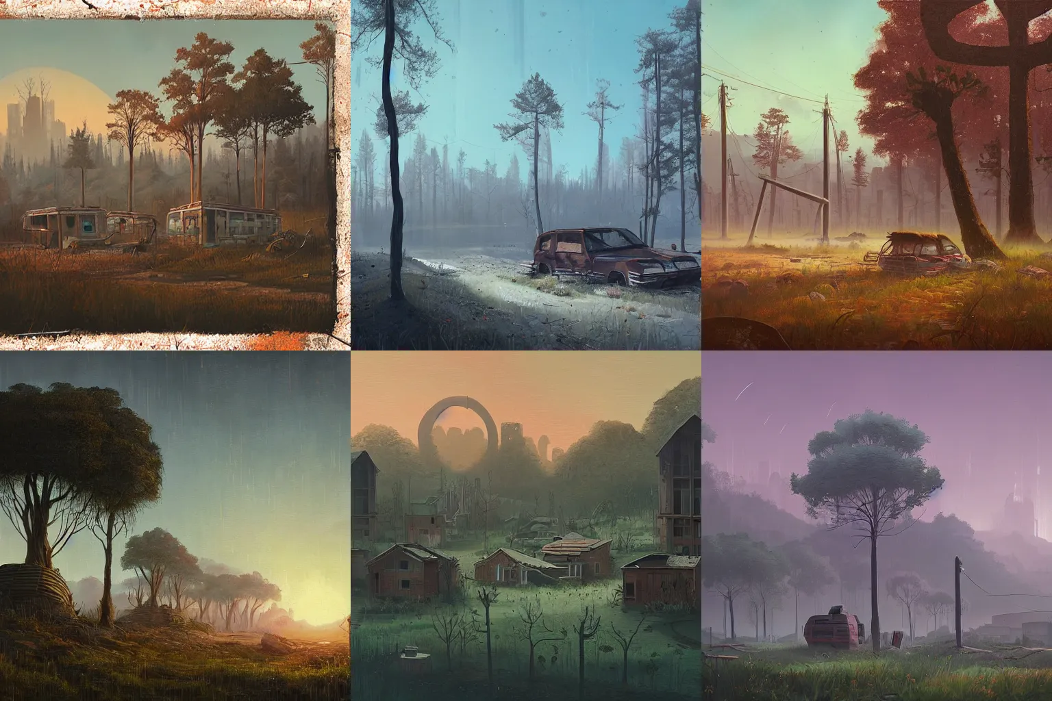 Prompt: abandoned civilisation at morning, landscape painted by simon stalenhag