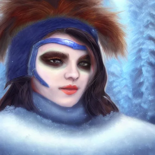 Prompt: bandit from ‘ icewind dale ’ and ‘ icewind dale heart of winter ’, with a frost blue gem mask lined with copper, ‘ icewind dale 2 ’ profile portrait by ‘ justin sweet ’, perfect face, pretty face, falling snow, soft focus, illustration, oil paint,