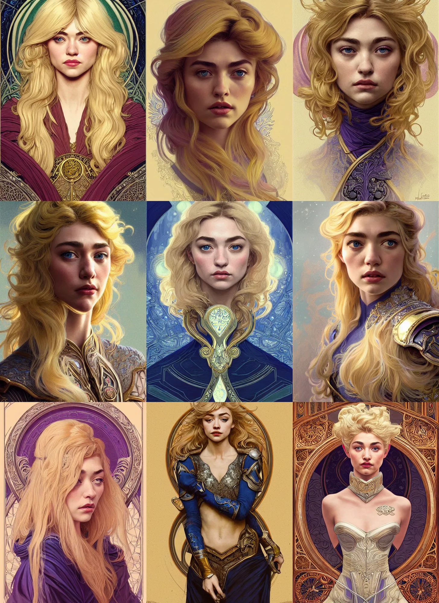 Prompt: front facing centered portrait, Imogen Poots as a paladin, blonde hair, Art Nouveau, beautiful retro Fantasy heroine 1985, intricate, elegant, highly detailed, centered, digital painting, trending on artstation, concept art, smooth, sharp focus, illustration, art by raphael lacoste, eddie mendoza, Mucha, alex ross, WLOP