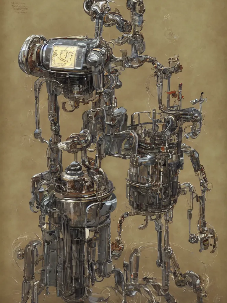 Image similar to full-length portrait of a singular old mechanical friendly empatic robot offering a cup of fresh steaming hot coffee, by Simon Stalenhaag, by Yoshita Amano, by Esao Andrews, sharp focus, fresh colors, deviantart, conceptart