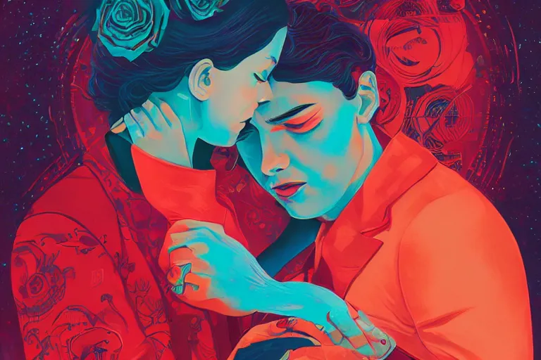 Prompt: romance book cover, woman and man embraced tightly, red black palette, tristan eaton, victo ngai, artgerm, rhads, ross draws