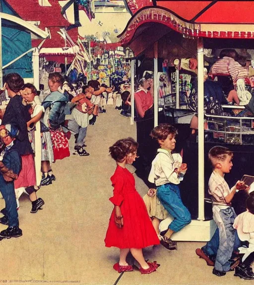 Image similar to kids wandering through a carnival, all ignoring the rides and playing on their phones instead, by Norman Rockwell 🖼-W 1024