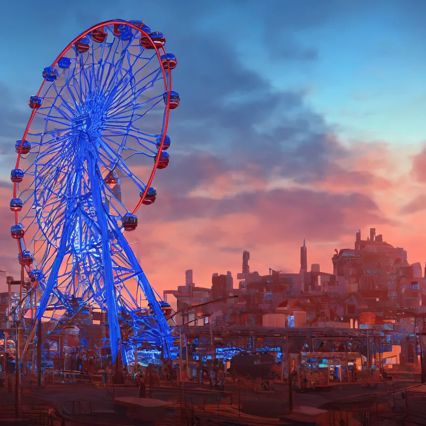 Prompt: unreal engine render, a blue guitar with a ferris wheel in the background, cinematic, sunset, fantasy, 8 k, trending on artstation