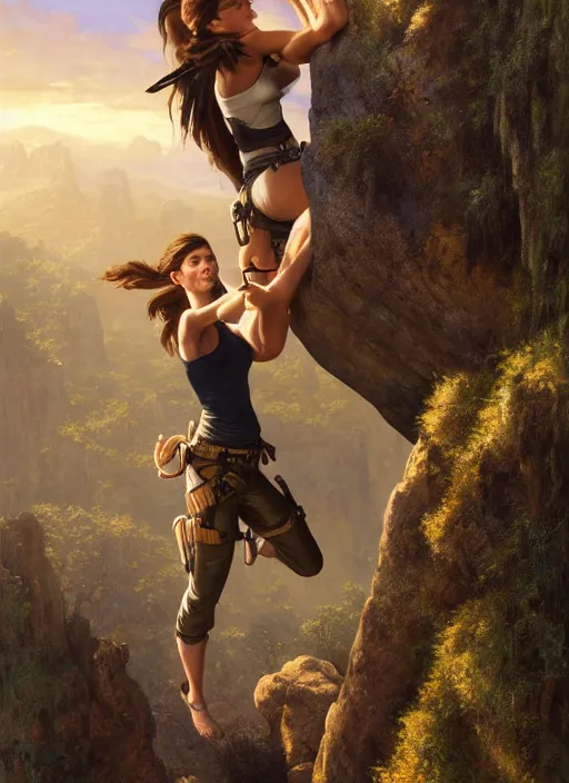 Image similar to Lara Croft climbing a rock, golden hour, Lilia Alvarado, Sophie Anderson, Mark Arian, Bob Byerley, Charlie Bowater, Mark Brooks, Steve Henderson, Justin Gerard, Arthur Hughes, Edward Robert Hughes, Mark Keathley, Victor Nizovtsev, Carlos Shwabe, Ross Tran, WLOP