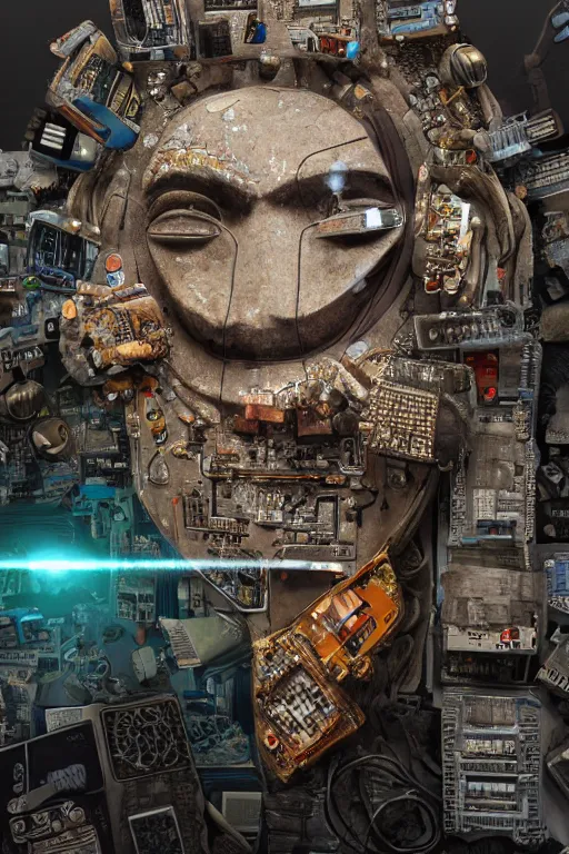 Prompt: a gigantic beautiful abstract ancient mask with wide open mouth, background full of computerchips and cables, electronic waste, hyper-realistic environment, Epic concept art