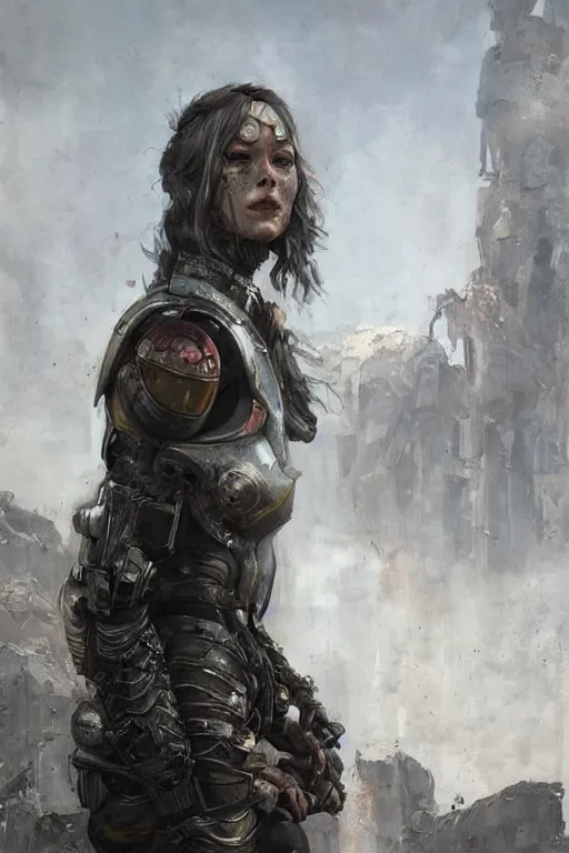 Prompt: a portrait of a woman in a post apocalyptic ruins in futuristic armour by eve ventrue