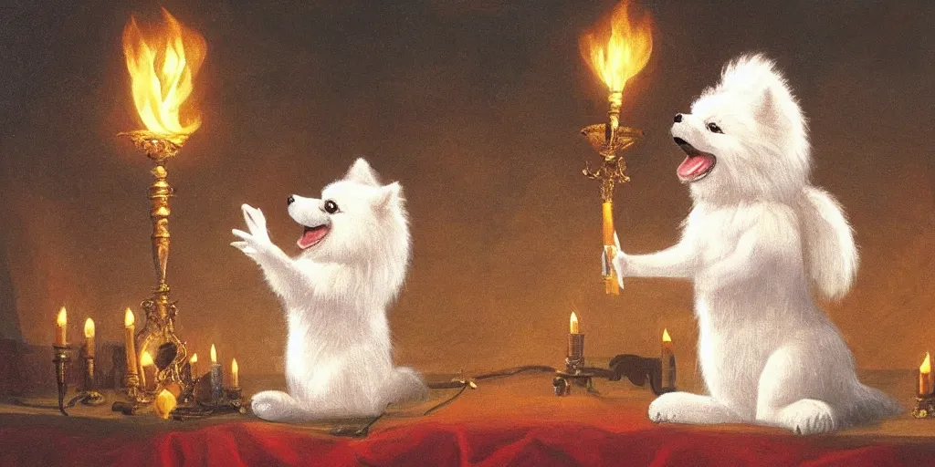 Prompt: Oil painting of cute furry white pomeranian singing opera in theatre, on stage with torches