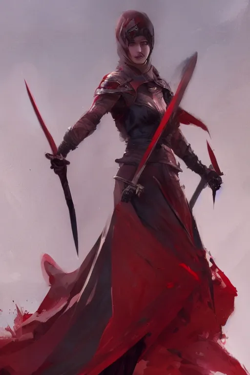 Prompt: red, queen of two swords, greg rutkowski, wlop, editor's pickup, trending on artstation, trending on deviantart, 4 k,