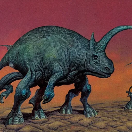 Image similar to a realistic triceratops concept art, by william stout and wayne barlowe