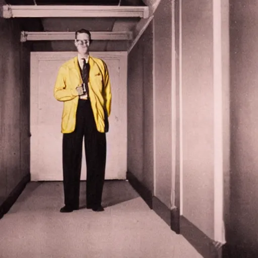 Image similar to a 1 9 5 0 s male scientist wearing a lab coat standing lost in the backrooms, mono - yellow old moist carpet, empty liminal space, very dark shadows, broken fluorescent lighting, horror movie scene, film grain