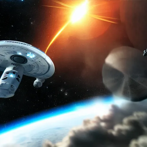 Prompt: star trek space battle scene, gritty, 4 k, cinematic lighting,