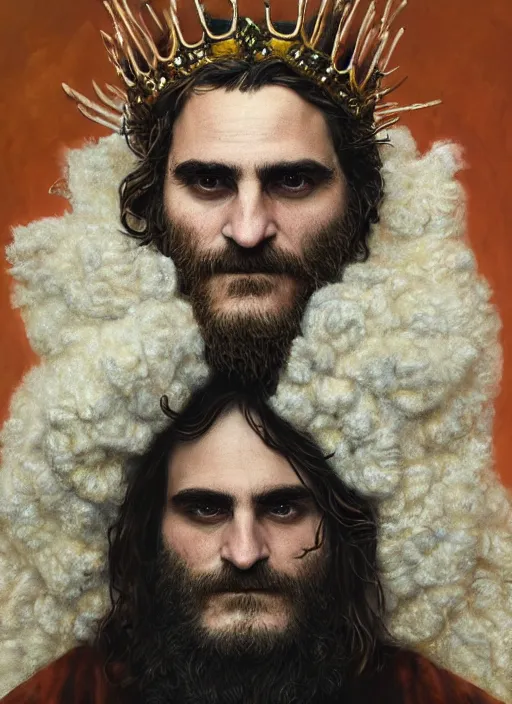 Image similar to a hyper detailed portrait of joaquin phoenix with a crown made of animals, cow horns, sheep wool, chicken feather armor, majestic, angelic, by anna podedworna, by miklos ligeti, by diego maricato, by taran fiddler, by antonino truisi, by chris reddie, by jinsung lim, trending on artstation