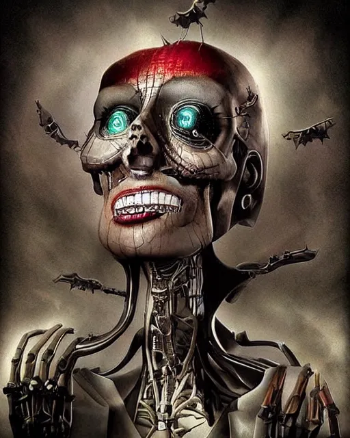 Image similar to halloween robot theme surrealist art in the styles of igor morski, jim warren, and a tim burton film, intricate, hyperrealistic, accurate facial details, profile picture with chromakey!!!!! background, volumetric lighting