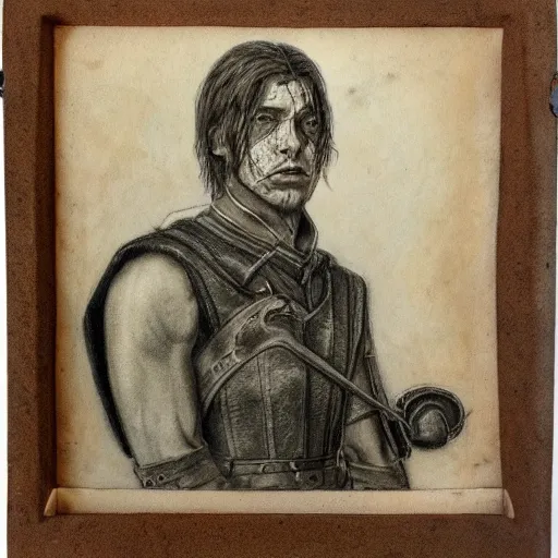 Image similar to self portrait, handsome man with battle scar on his chest holding his sword on his shoulder, pencil art, detailed, handsome, colored, bloody