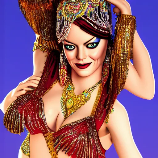 Image similar to a digital portrait of emma stone dressed as a belly dancer, arabian night, high quality, fully detailed, 4 k, in focus face with fine details, realistic hand details and anatomy