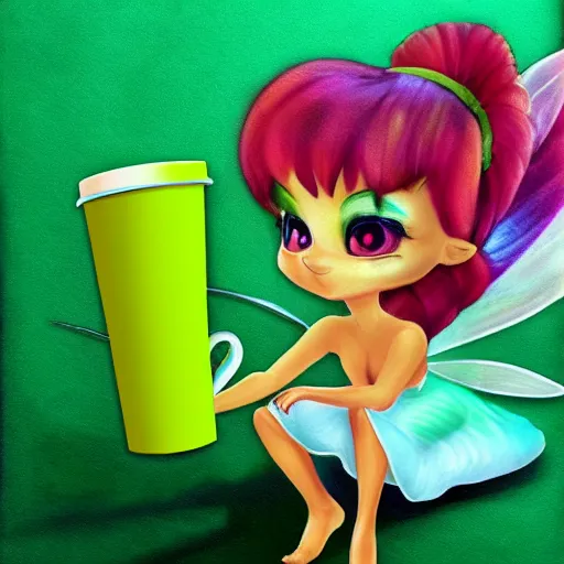 Prompt: digital painting of chibi Tinkerbell in short green dress bare feet in coffee cup 4k detailed