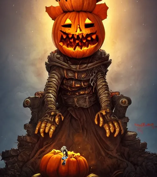 Prompt: a creative monster with a pumpkin head wearing a king's robe, sitting on a stone throne, john loren and tim burton illustration, creepy carved expression, darksiders theme, orange mystery lighting, 4 k artstation, masterpiece