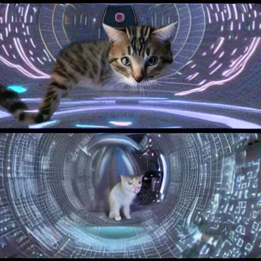 Prompt: a cat getting lost in the stargate sequence, 2 0 0 1 a space oddysey style