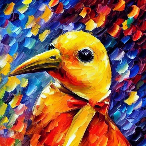 Image similar to an elegant yellow bird wearing a crown and a red bow tie in the style of leonid afremov, very very beautiful, impressionism, high quality, detailed, 4k