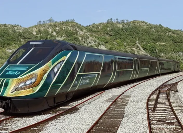 Prompt: A train that looks like a snake. This advanced train was designed to look like a python snake.