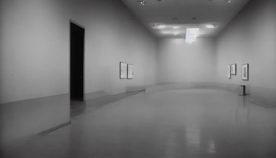 Image similar to 60s movie still of a sovietic stalinist style empty art museum with a soviet congress with yellow wall, AGFA APX 100, liminal Space style, heavy grain