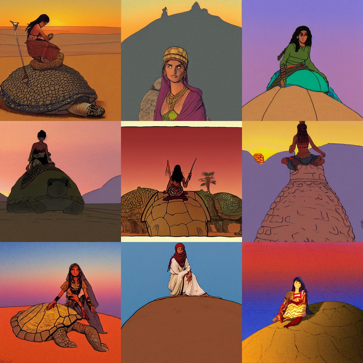 Prompt: a young beautiful Bedouin warrior girl sitting on the top of a gigantic turtle in the middle of the desert at sunset, drawing by Moebius