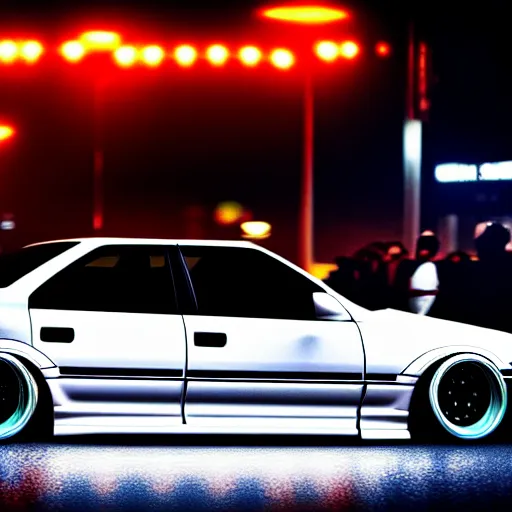 Image similar to a car JZX90 twin turbo drift at illegal car meet, Shibuya prefecture, city midnight mist lights, cinematic lighting, photorealistic, highly detailed wheels, high detail