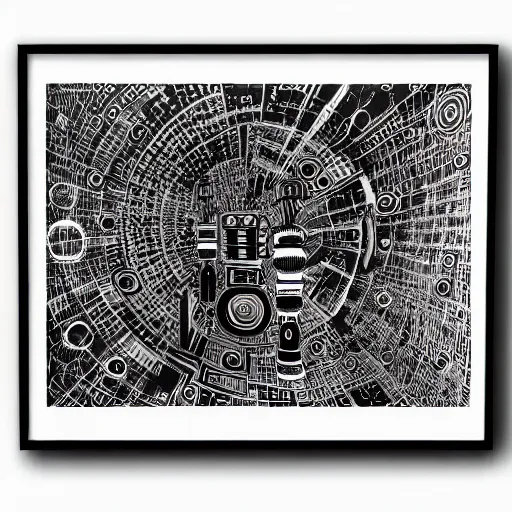 Image similar to abstract black and white concept art graphic painting illustrating turing machine, overcomplicated, math inspired, hyper detailed, psychodelic, creepy