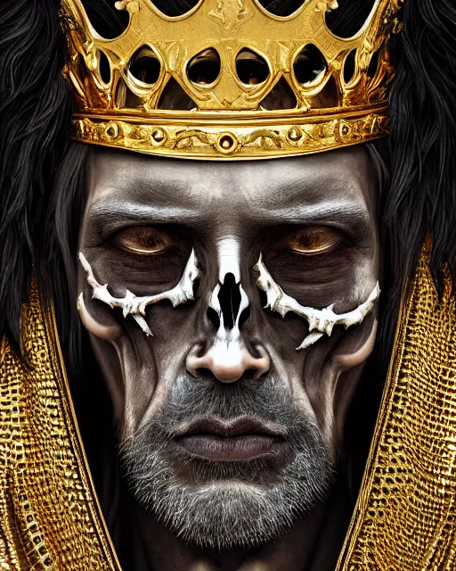 Image similar to realistic portrait of a king of bones, dark, gold, silver ornaments, facing camera, photo realistic, detailed, 1 4 5 0, delicate, hyper realism, ultra realistic, 8 k