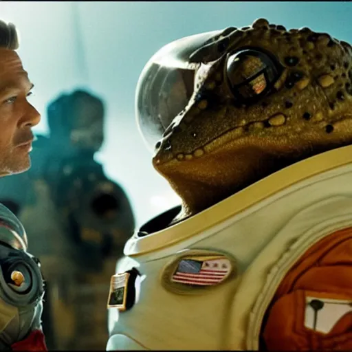 Prompt: in one frame, the toad sits opposite Brad Pitt in a spacesuit, 4k, top cinematic lighting , cinematic mood, hyperrealism, full-length,