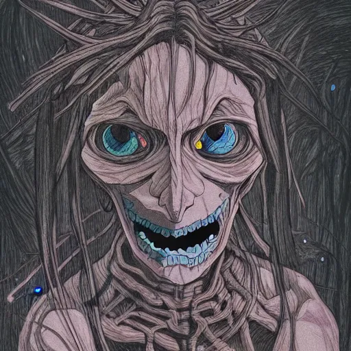 Prompt: a dark humanoid, hyper detailed, in the style of studio ghibli and and studio ghibli and studio ghibli, selfie