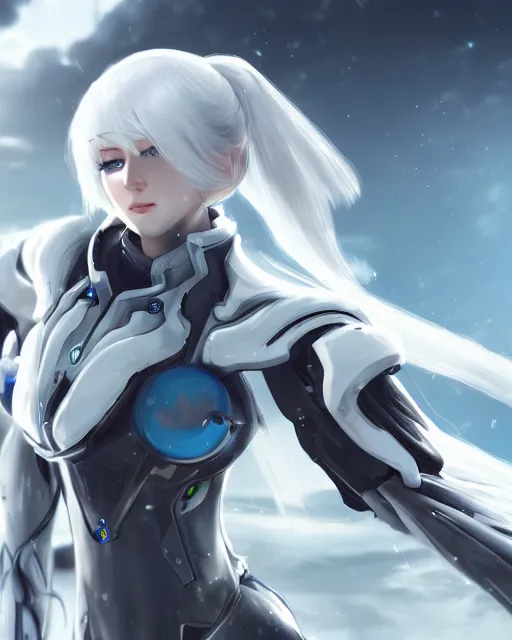 Image similar to perfect white haired girl, warframe armor, beautiful, dreamy, half asian, pretty face, blue eyes, detailed, windy weather, scifi platform, laboratory, experiment, 4 k, ultra realistic, epic lighting, cinematic, high detail, masterpiece, akihito tsukushi