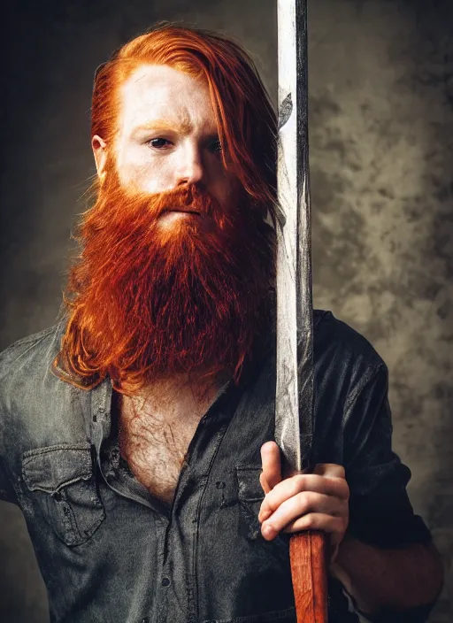 Prompt: grungy redhead 30-something scruffy bearded shoulder-length hair swordsman holding a short curved sword in a ultradetailed pacific northwest redcedar forest, smooth. sharp focus, grunge dingy matte painting detailed,