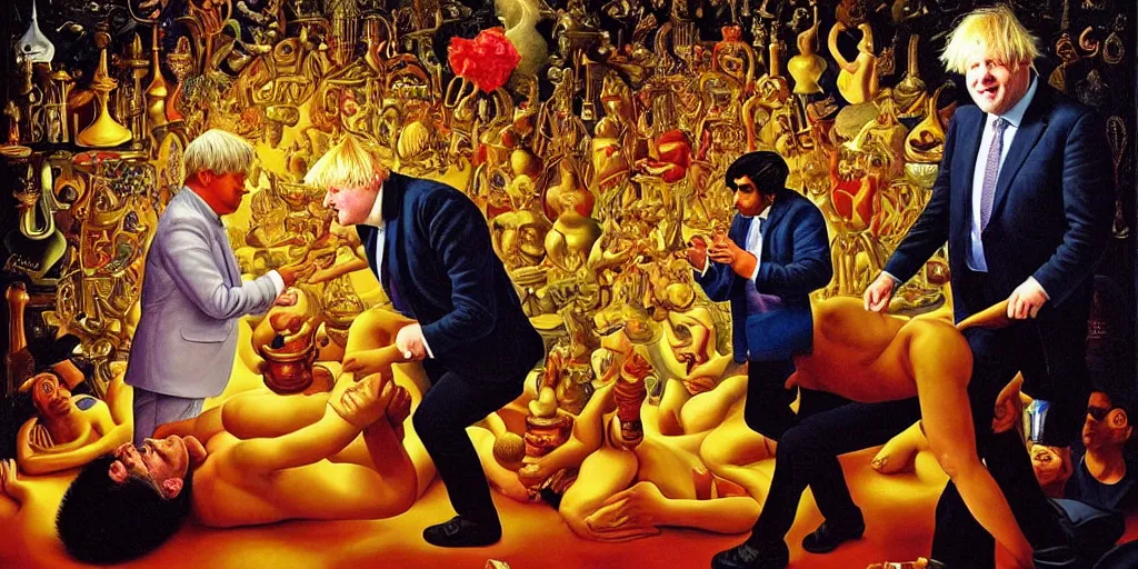 Image similar to rishi sunak and boris johnson in heaven, abstract oil painting by gottfried helnwein pablo amaringo raqib shaw zeiss lens sharp focus high contrast chiaroscuro gold complex intricate bejeweled