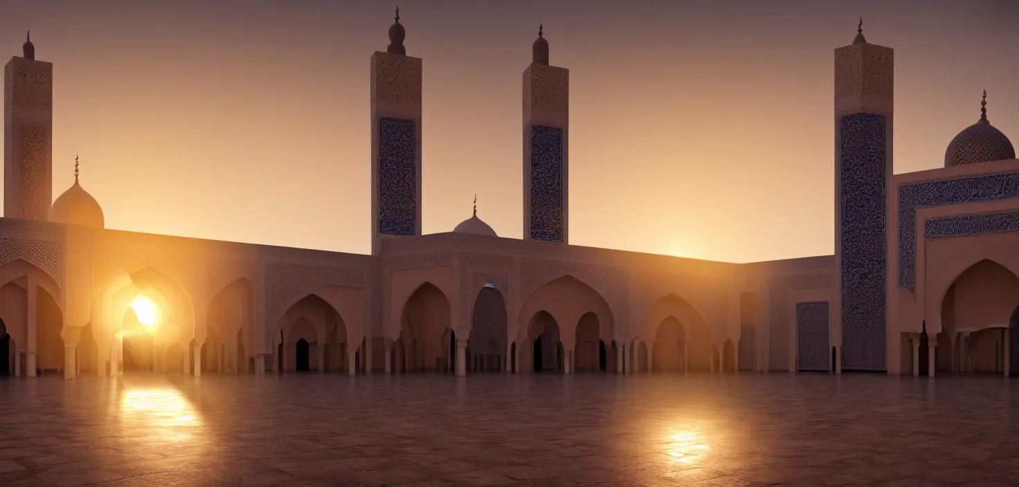 Prompt: great mosque hassan 2 at sunset in casablanca in water, morocco. beautiful arches of the arab mosque in sunset, sunlight rays, cinematic view, epic sky, detailed, concept art, low angle, high detail, warm lighting, volumetric, godrays, vivid, beautiful, trending on artstation, by jordan grimmer, huge scene, grass, art greg rutkowski