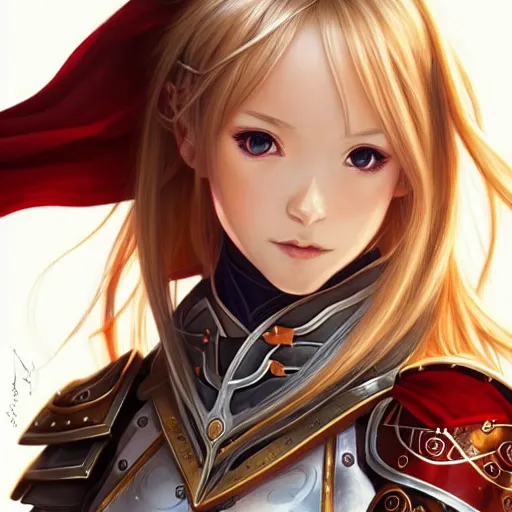 Prompt: Asuna Yuuki, Portrait of a girl with blonde hair wearing a partial paladin armor with a red skirt and white top, face, fantasy, intricate, elegant, highly detailed, digital painting, artstation, concept art, smooth, sharp focus, illustration, art by Fernanda Suarez and Artem Demura and alphonse mucha
