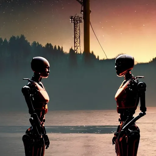 Image similar to Beautiful cinematic scene of a couple of two damaged and broken humanoid robots standing near a river, at night, peaceful, science fiction, cinematic lighting, insanely detailed, directed by Denis Villeneuve and Wes Anderson, filmic