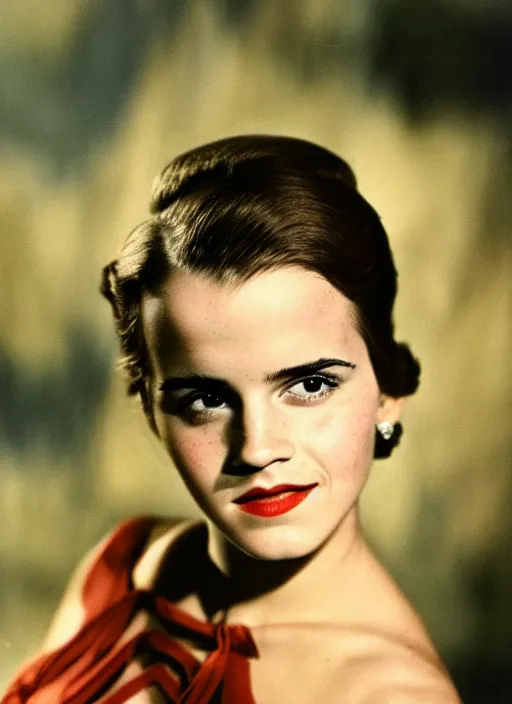 Prompt: Retro color photography 1940s portrait Hollywood headshot of Emma Watson