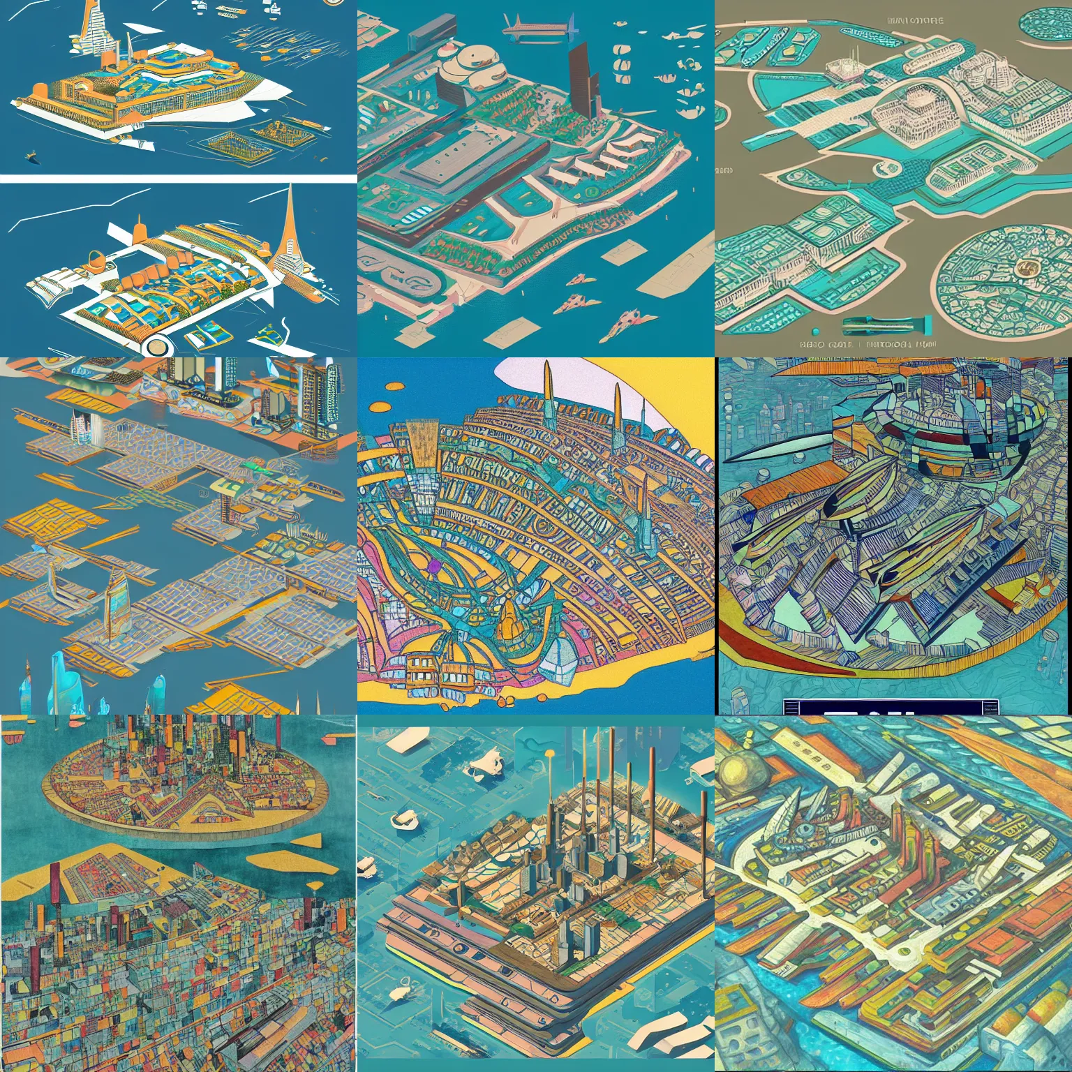 Prompt: an infographic of a futuristic city located in an island surrounded by water with a few flying ships stationed around it, in the style of diego rivera schiele, full color, axonometric exploded view