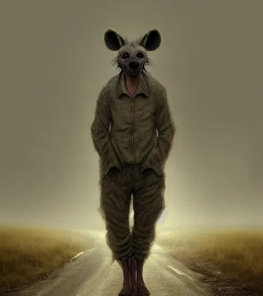 Image similar to foggy dirt road portrait of furry anthro anthropomorphic spotted hyena head animal person fursona wearing clothes horror gloomy digital art photo by Greg Rutkowski, Simon Stalenhag, christopher nolan trending on Artstation, CGSociety