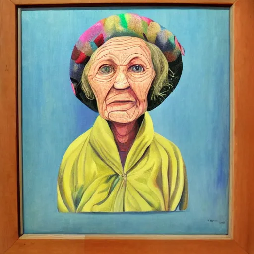 Prompt: painting of a wrinkled old woman, appalachian folk art