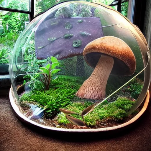 Prompt: giant mushroom inside a terrarium